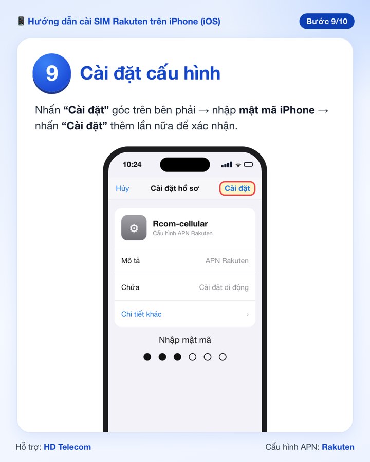 Bước 9: cài đặt hồ sơ Rcom-cellular và nhập mật mã