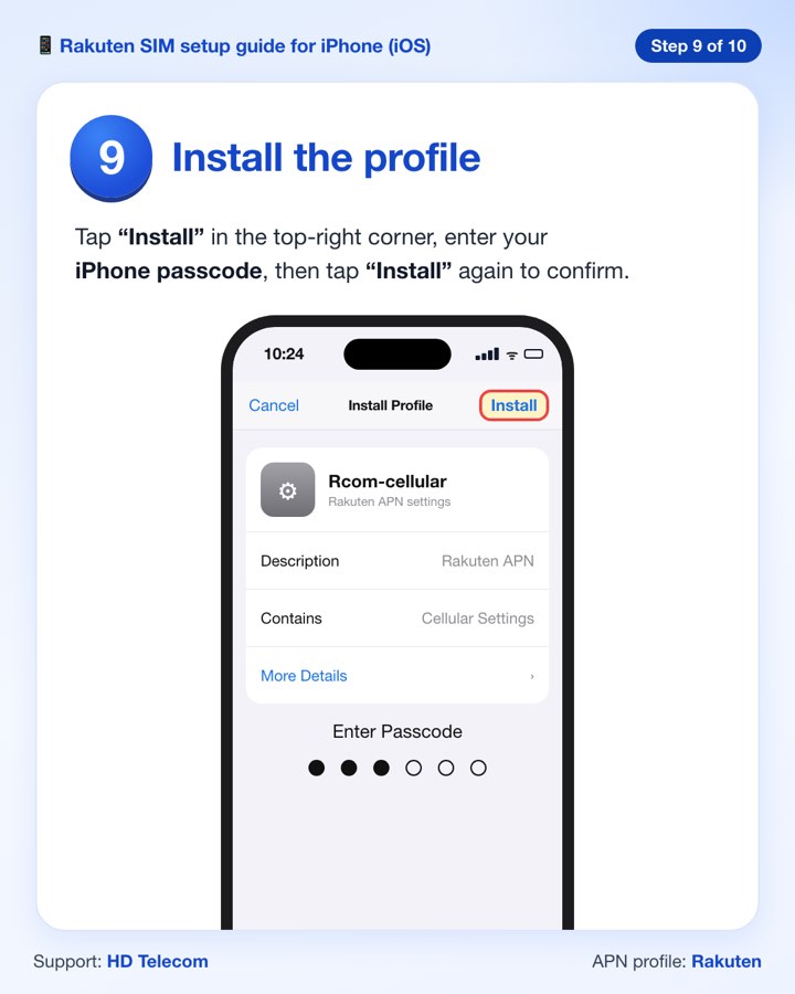Step 9: installing the Rcom-cellular profile and entering the passcode