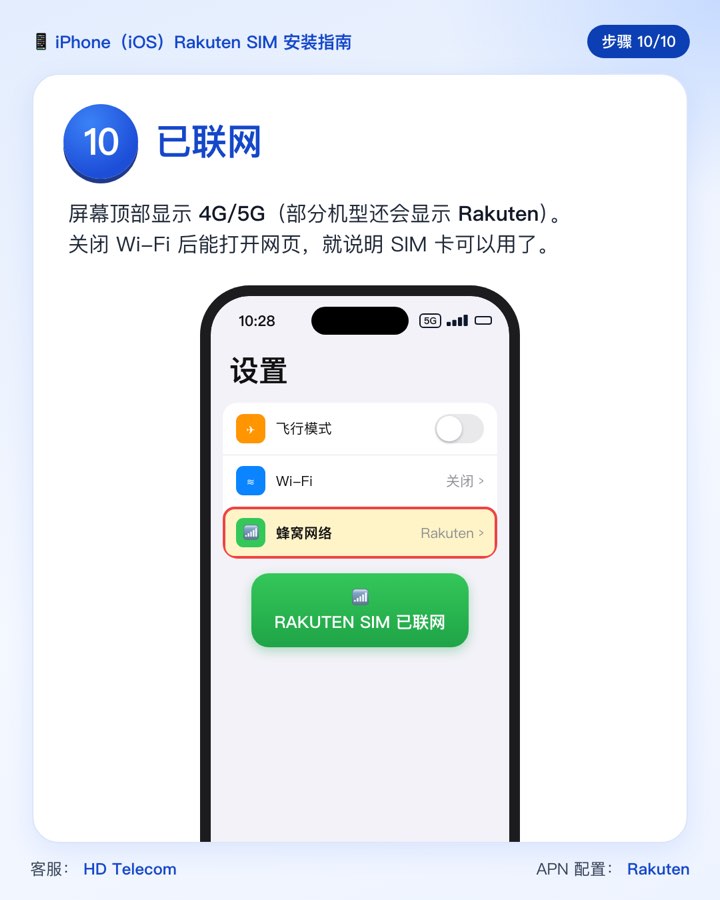 第 10 步:Rakuten SIM 已联网