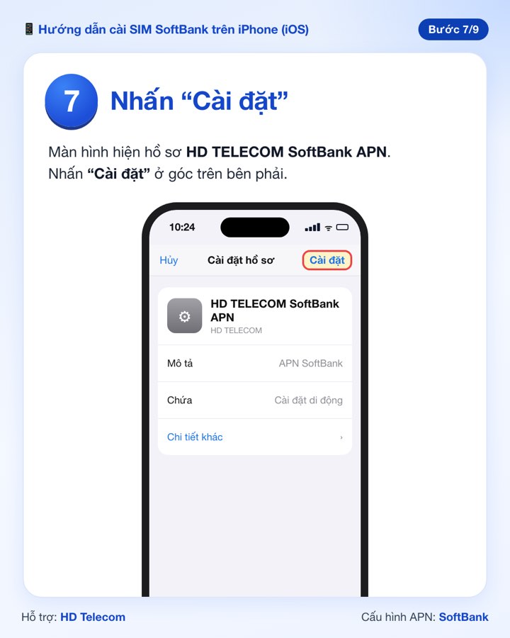 Bước 7: màn hình Cài đặt hồ sơ, nút Cài đặt ở góc trên bên phải
