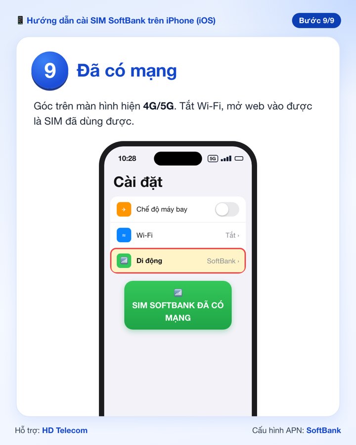 Bước 9: SIM SoftBank đã có mạng