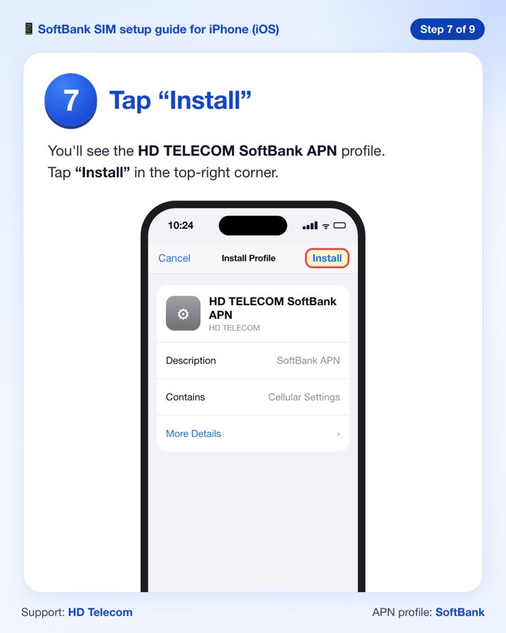 Step 7: the Install Profile screen, with the Install button in the top-right corner