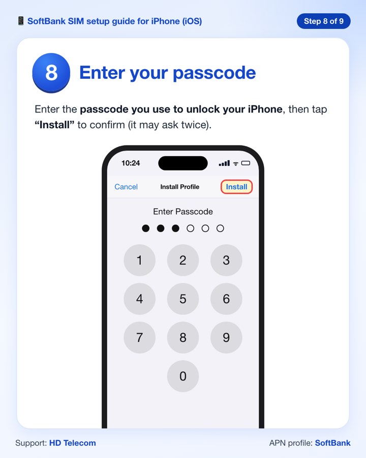Step 8: entering the iPhone passcode, then tapping Install