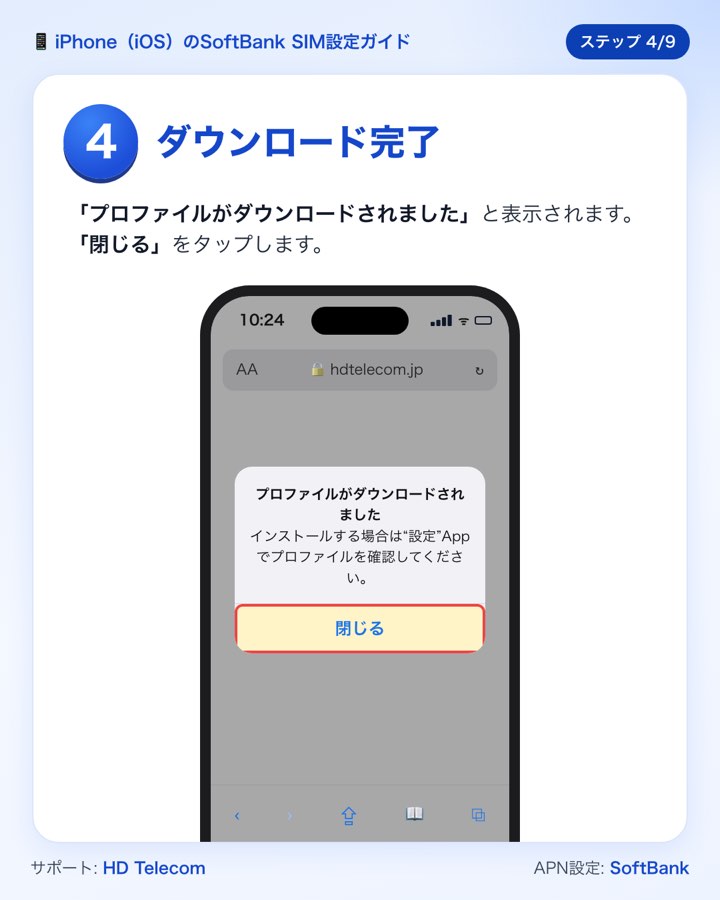 ステップ4:「プロファイルがダウンロードされました」の表示で「閉じる」をタップする